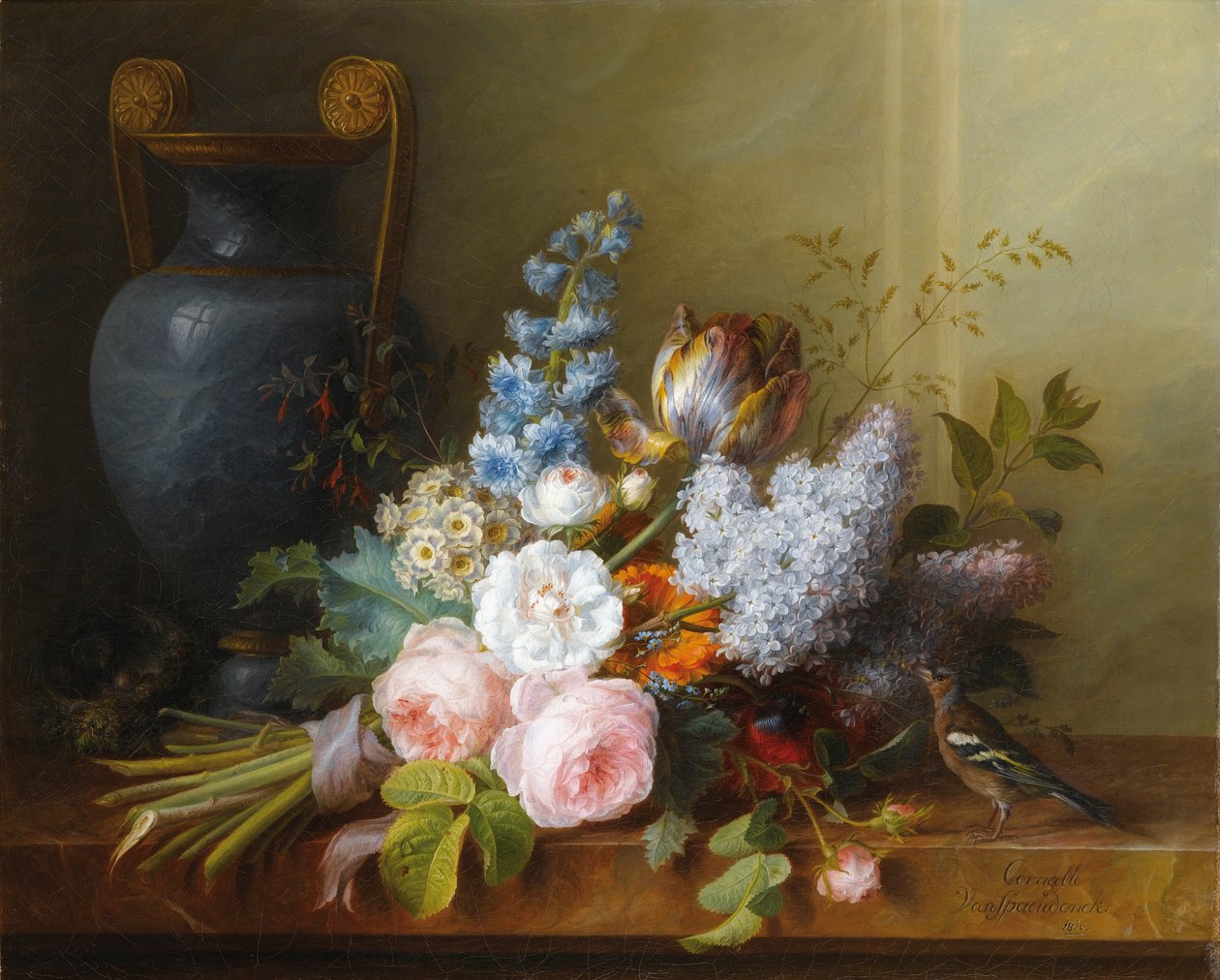 Bir kuş yuvası ile çiçek demet by Cornelis van Spaendonck