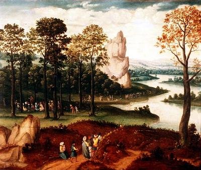 Vaftizci Yahya vaazının verildiği geniş bir ormanlık nehir manzarası by Cornelis (after) Massys