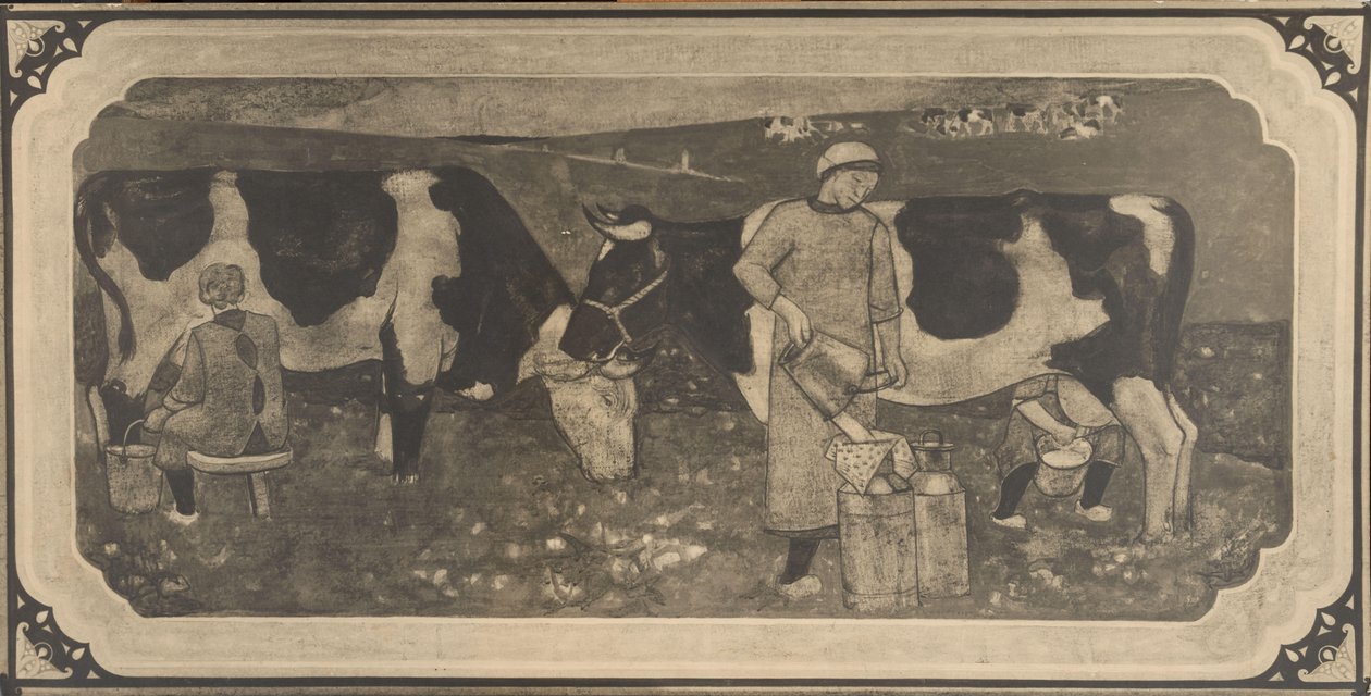 Richard Roland Holst tarafından vitray pencere için köylü kadınlar ve inekler ile tasarım çiziminin fotoğraflı reprodüksiyonu by Cornelis Albertus Deul