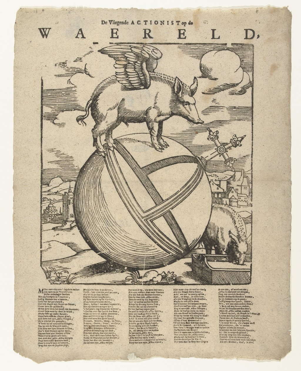 Dünyadaki kanatlı domuz Aşınma üzerindeki Uçan Aksiyonist (nesne üzerindeki başlık) by Cornelis Anthonisz.