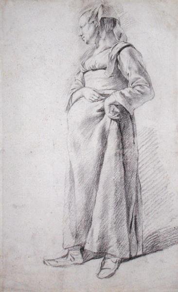 Ayakta Bir Köylü Kadın (kağıt üzerine siyah tebeşir) by Cornelis Pietersz Bega