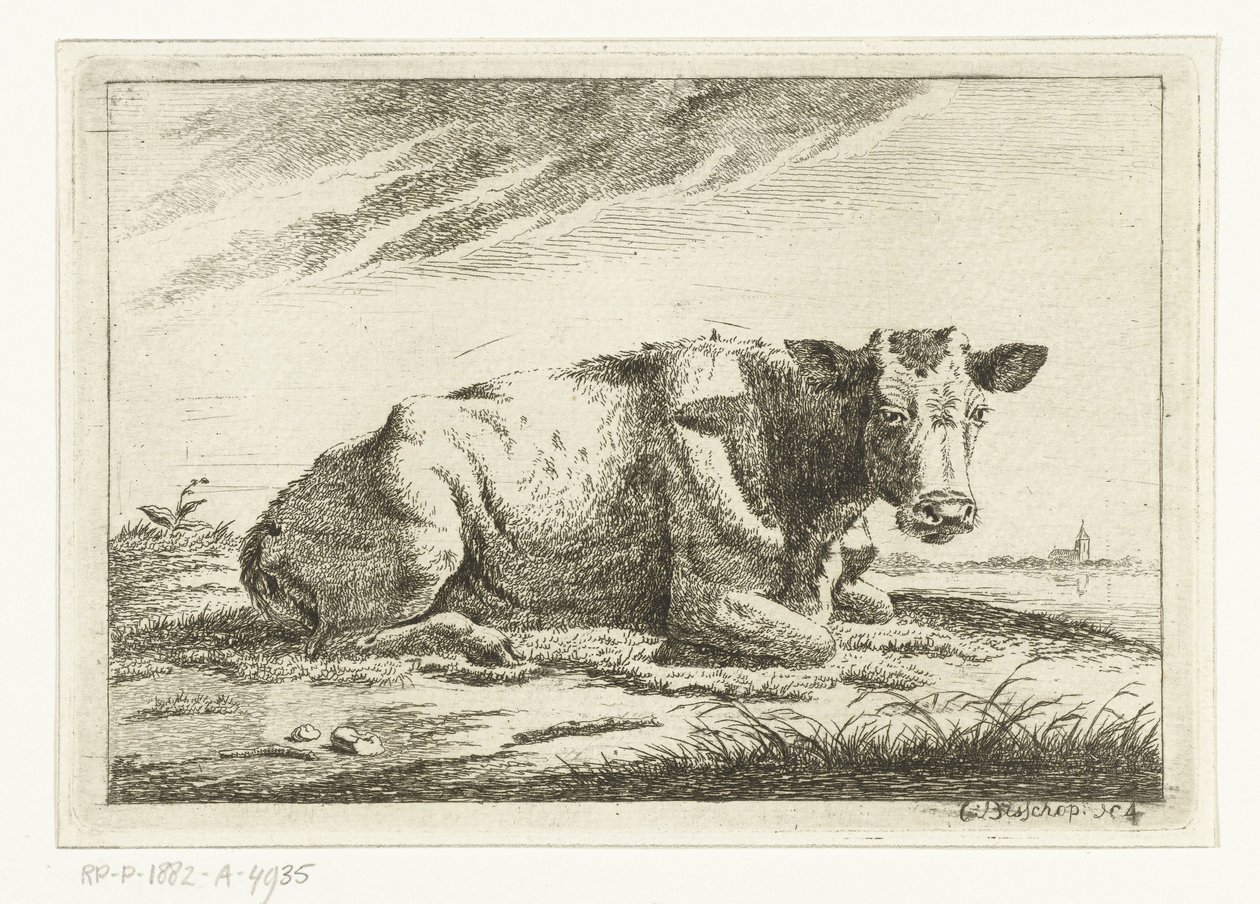 Boynuzları olmayan yalancı bir inek ile manzara İnekler (dizi adı) by Cornelis  Bisschop