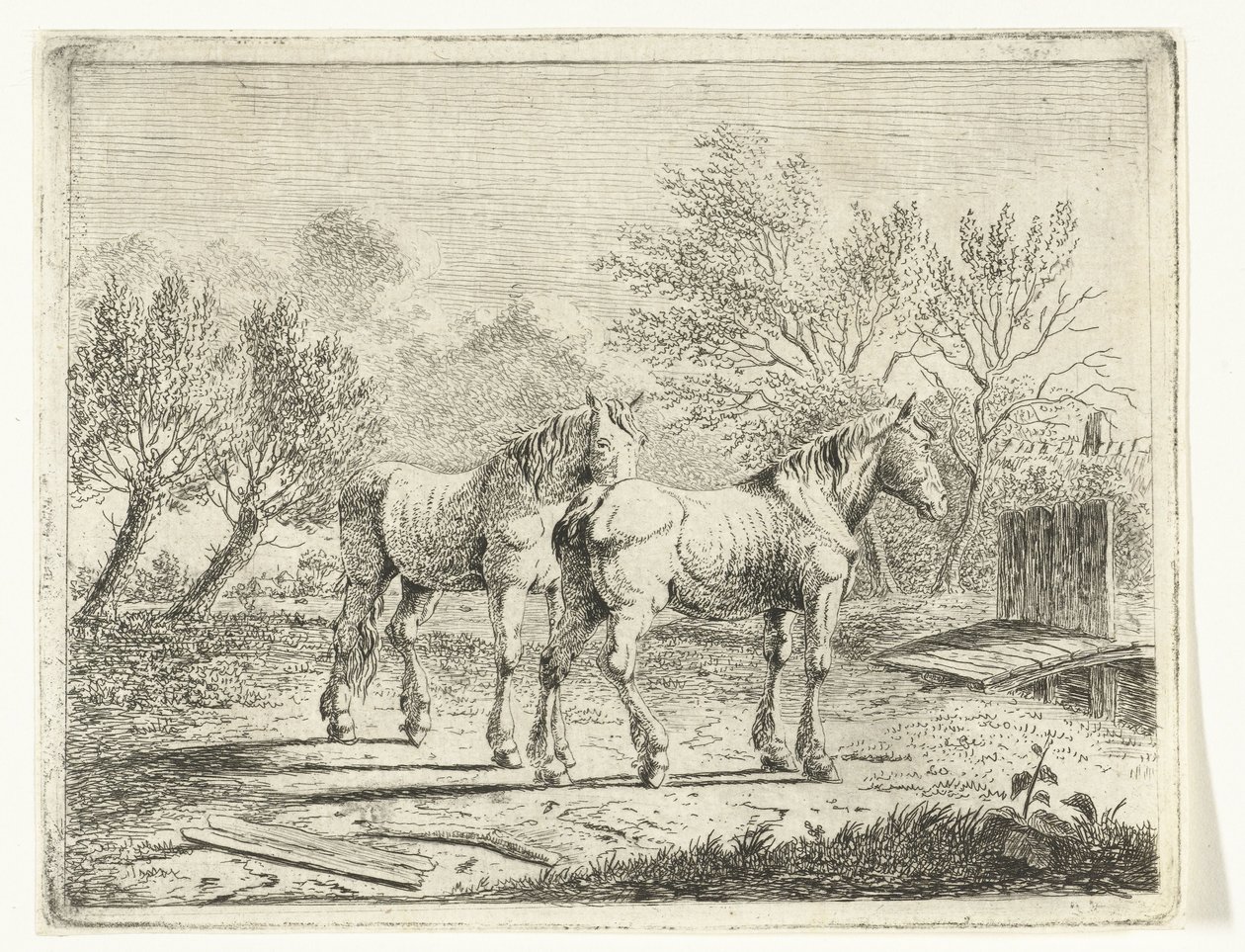 Bir köprü ve çiftliğin yakınında iki atlı mera manzarası by Cornelis  Bisschop