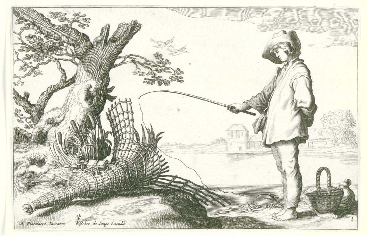genç balıkçı Dört pastoral sahne (dizi adı) by Cornelis Bloemaert (II) (possibly)