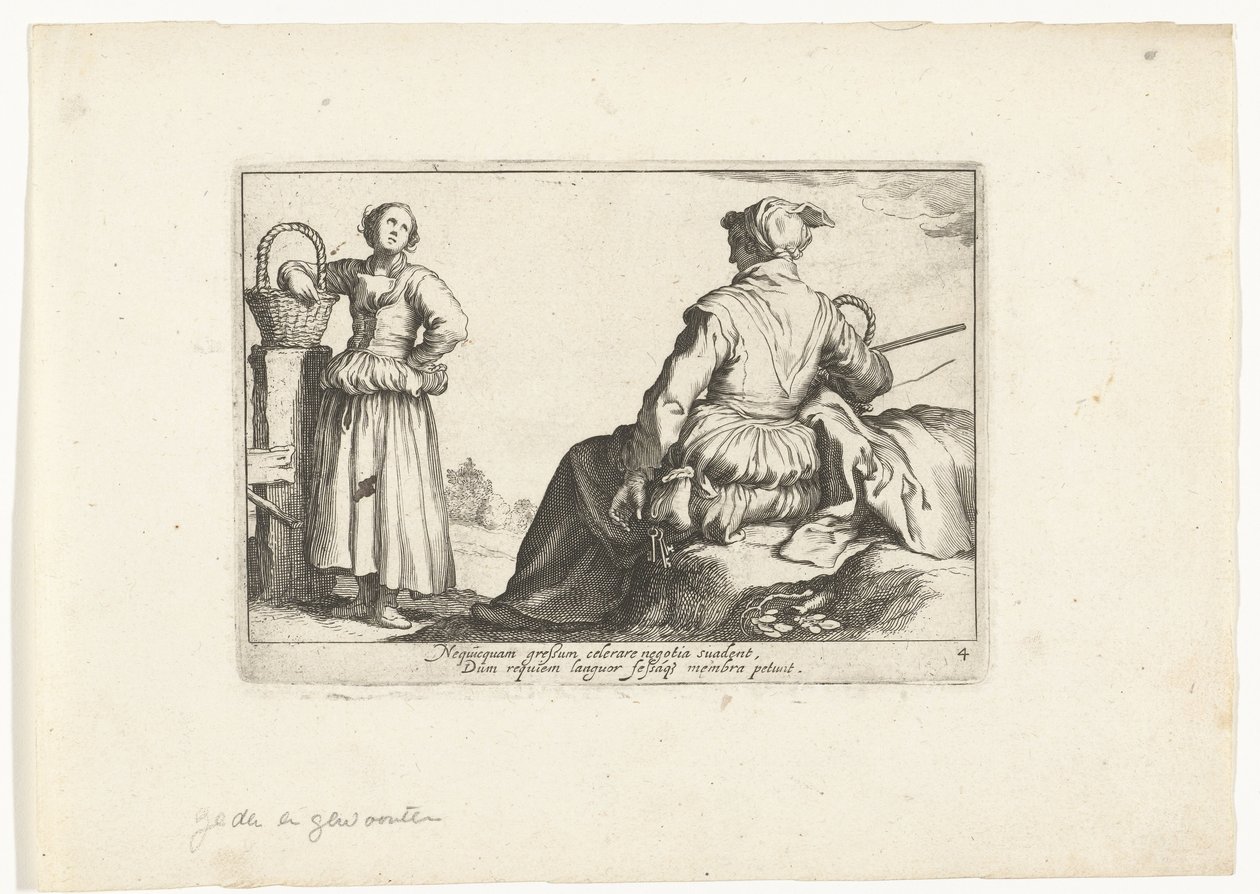 iki köylü kadın Pastoral sahneler (dizi adı) Otia delectant (seri başlığı) by Cornelis Bloemaert (II)