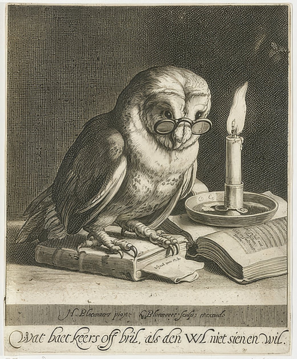 Gözlüklü ve kitaplı baykuş. 1625 civarında by Cornelis Bloemaert