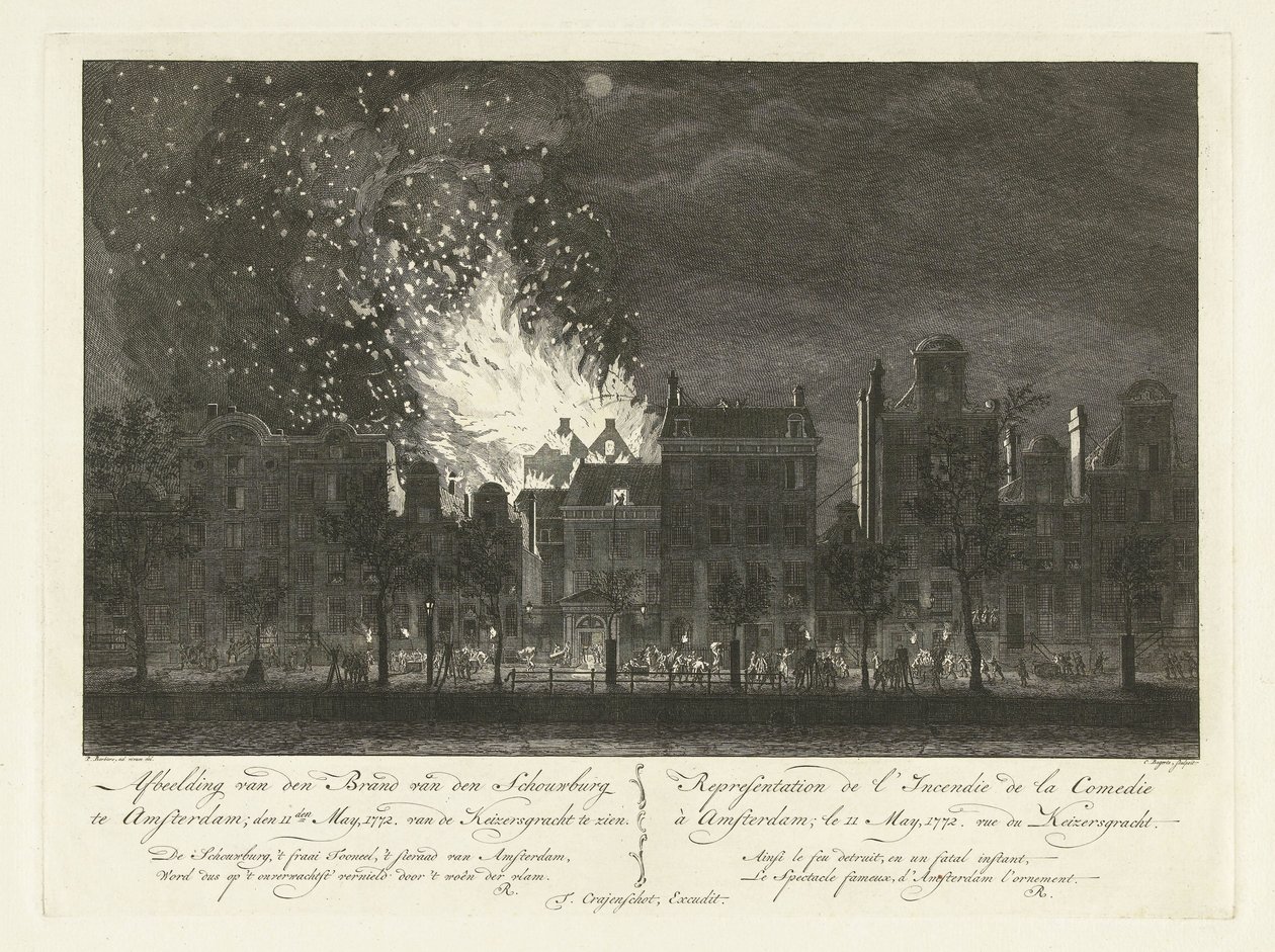 Keizersgracht'ın diğer tarafından görülen Amsterdamse Schouwburg'daki yangın, 1772 Amsterdam'daki Schouwburg'daki yangının tasviri; 11 Mayıs 1772. Görmek için Keizersgracht'tan / Amsterdam à Comedie de l'incendie de Temsil; ben by Cornelis Bogerts