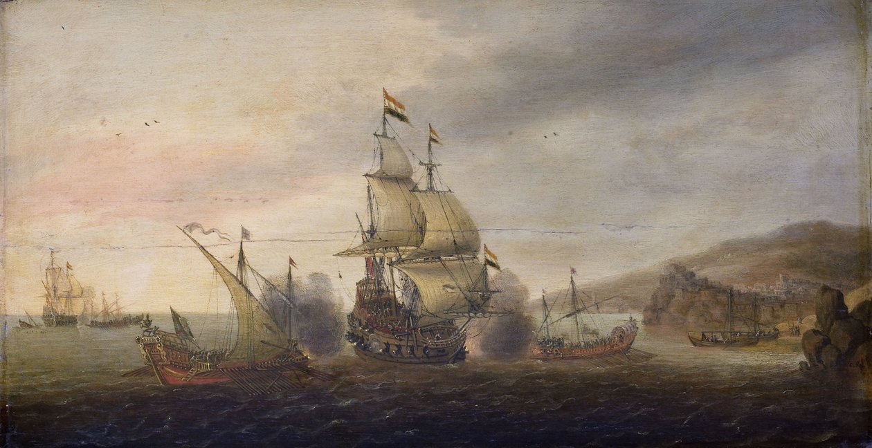 Hollandalı Savaşçılar ve İspanyol Galeyleri arasındaki Deniz Savaşı by Cornelis Bol