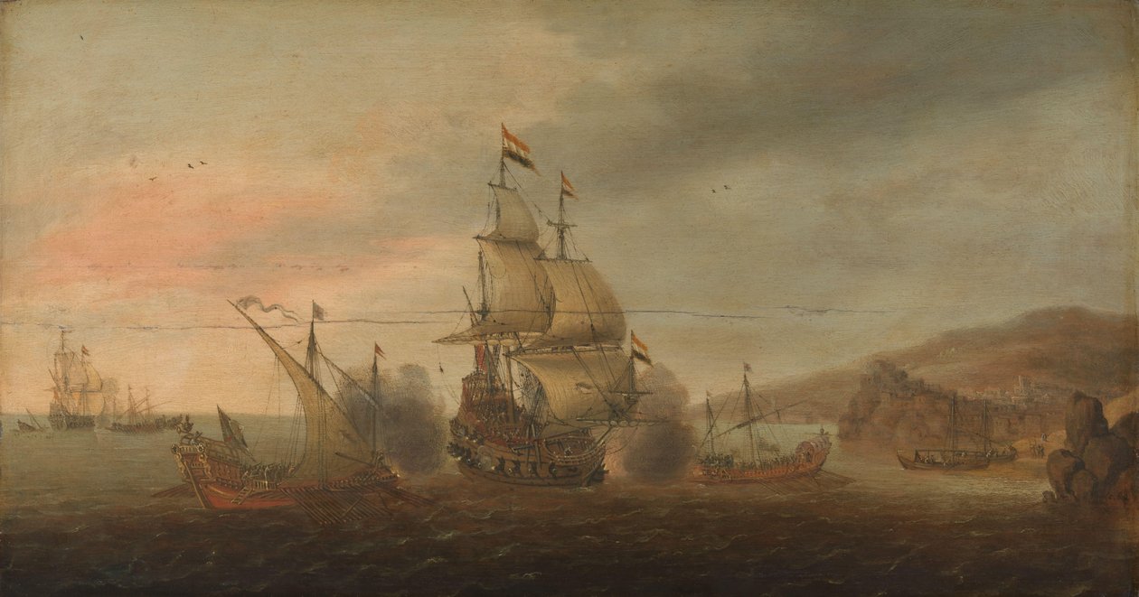 Hollandalı Savaşçılar ve İspanyol Kadırgaları arasındaki Deniz Savaşı by Cornelis Bol
