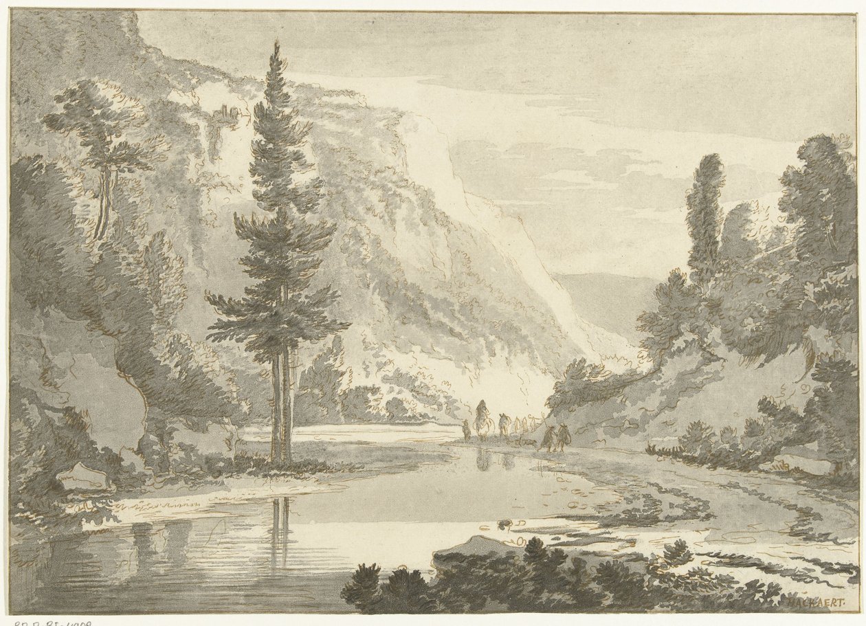 Bir nehir kıyısında çobanlar ile dağ manzarası by Cornelis Brouwer