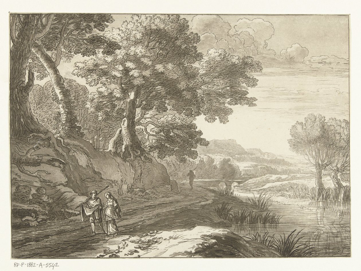 Üç yürüyüşçü ile İtalyan manzara by Cornelis Brouwer