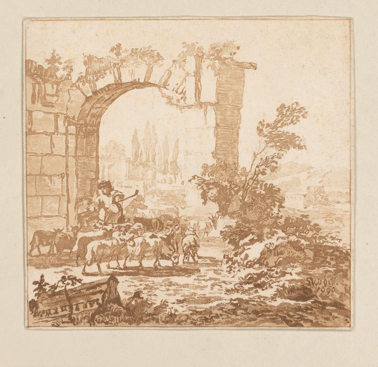 Bir kapıda keçi sürüsü by Cornelis Brouwer