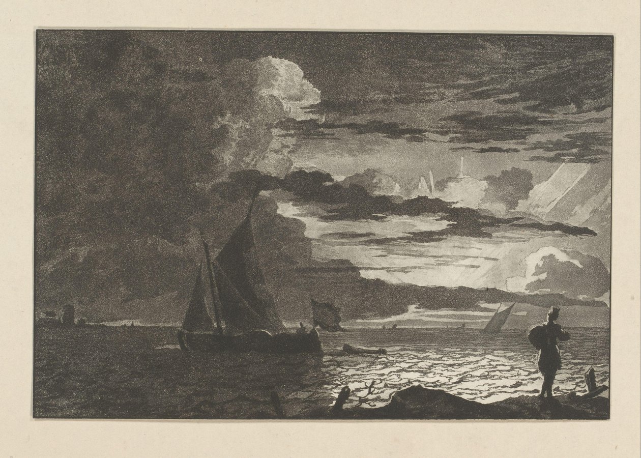 Güneş doğarken omzunda çanta olan adam by Cornelis Brouwer