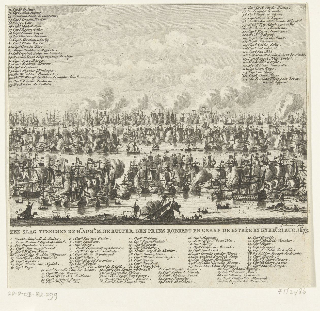 Kijkduin Savaşı, 1673 Hr arasındaki Deniz Savaşı. yönetici. M. de Ruiter, Prens Robbert ve Kont de Estrée, Kykdn tarafından. 21 Ağustos 1673 (nesne üzerindeki başlık) by Cornelis Brouwer