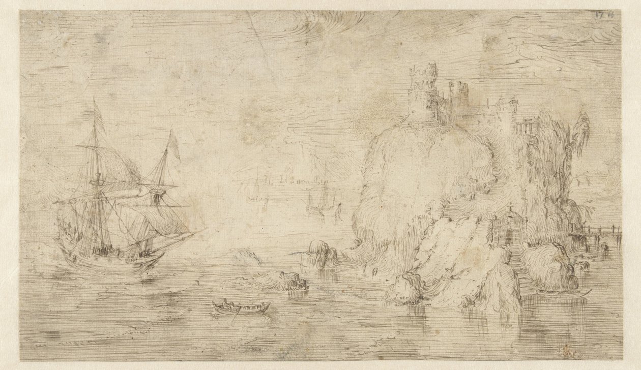 Bir adanın yakınında bir gemi ile deniz manzarası by Cornelis Claesz van Wieringen (attributed to)