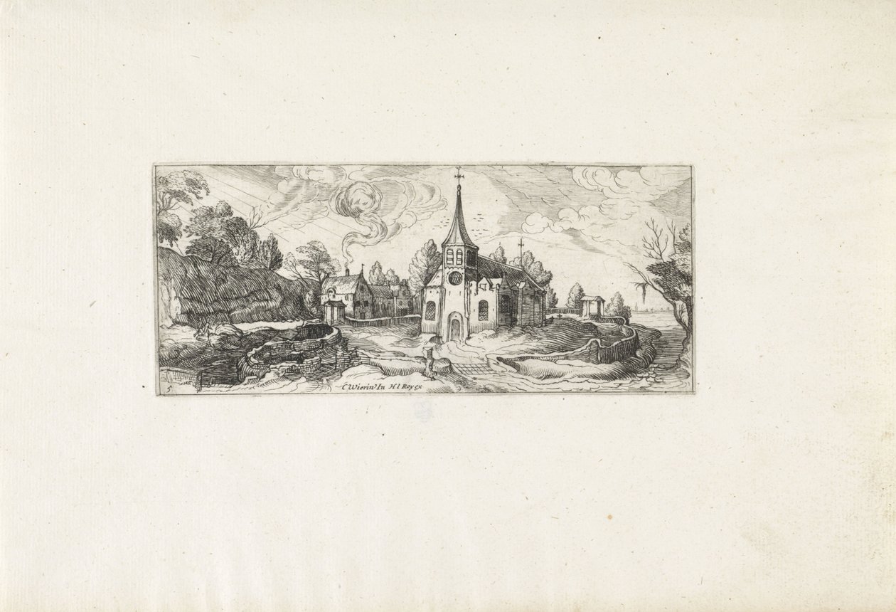 Bir köyde bir kilise manzaralı manzara Manzaralar (dizi başlığı) by Cornelis Claesz van Wieringen (possibly)