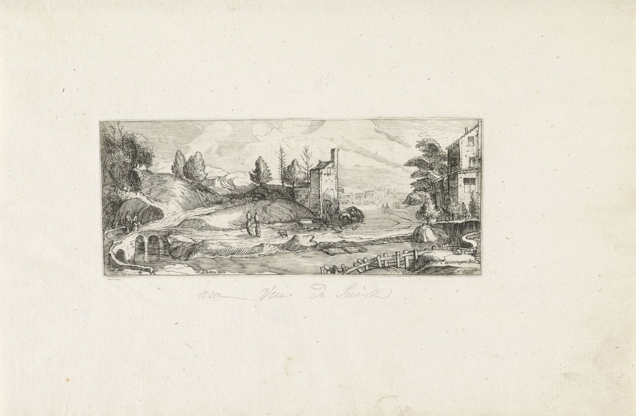 Bir köprüde iki kadınla nehir manzarası Manzaralar (dizi başlığı) by Cornelis Claesz van Wieringen (possibly)