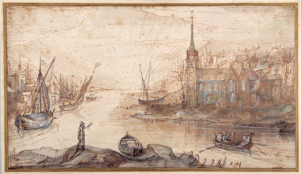 Gemi ve gün batımında bir kilise ile bir liman sahnesi (kağıt üzerinde kahverengi yıkama ile kalem ve kahverengi mürekkep) by Cornelis Claesz  van Wieringen