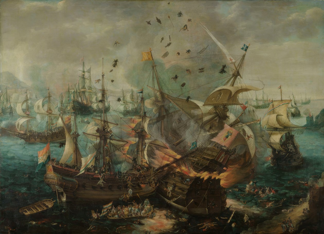 İspanyol amiral gemisinin patlaması (...) by Cornelis Claesz  van Wieringen