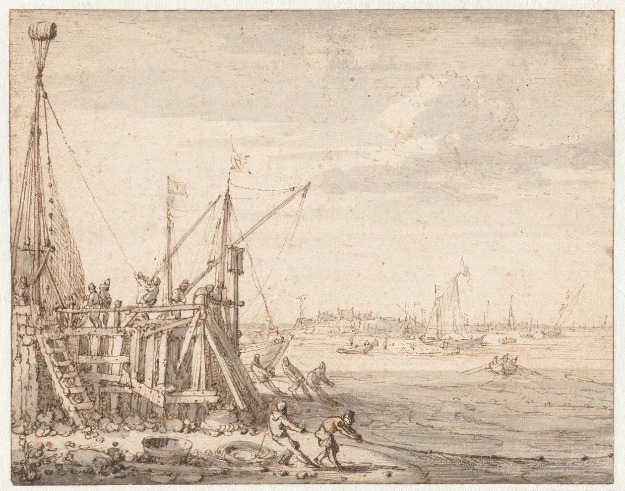 Balıkçıların ağlarını çektiği liman başı by Cornelis Claesz  van Wieringen