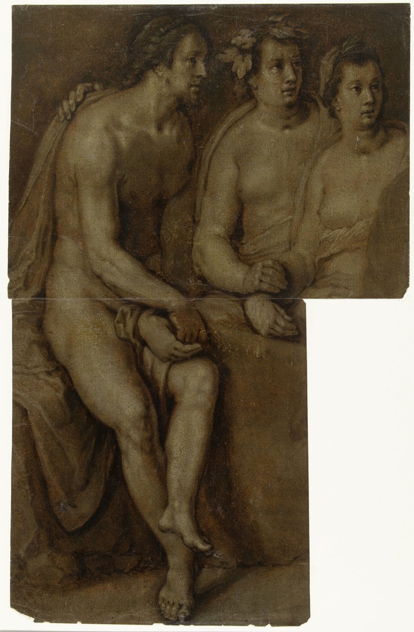 Oturan çıplak bir erkek ve iki kadının yarım boy çalışmaları by Cornelis Cornelisz. van Haarlem