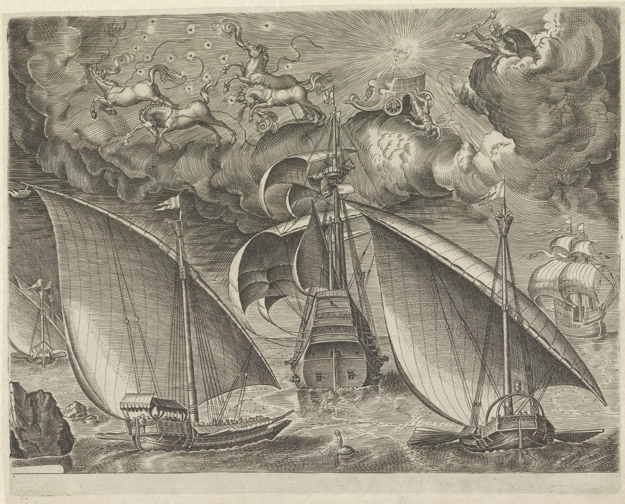 Üç direkli bir geminin arkasında iki kadırga, havada Phaëthon Yelkenli gemilerin düşüşü (seri başlığı) by Cornelis Cort (possibly)
