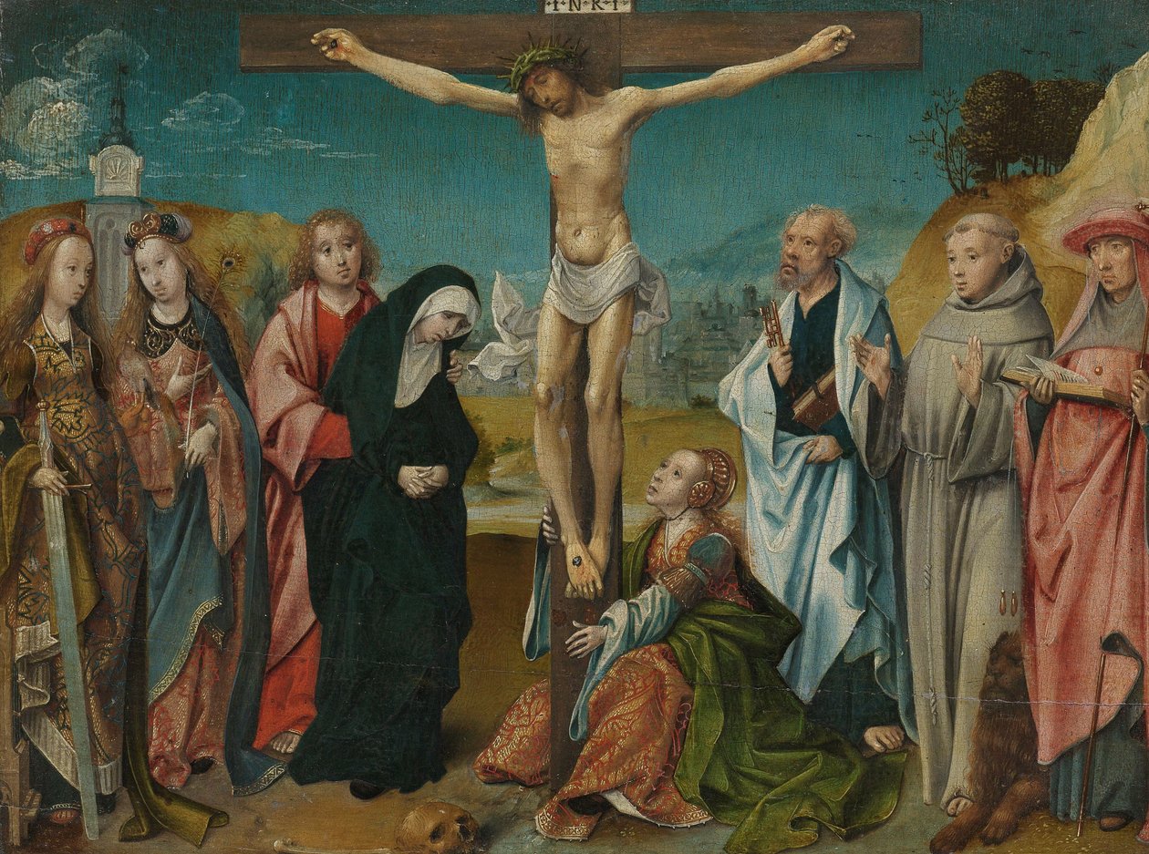 Çarmıhta İsa, Mary, John, Mary Magdalene ve Sts Cecilia ve Barbara (solda) ve Peter, Francis ve Jerome (sağda) ile by Cornelis Engebrechtsz
