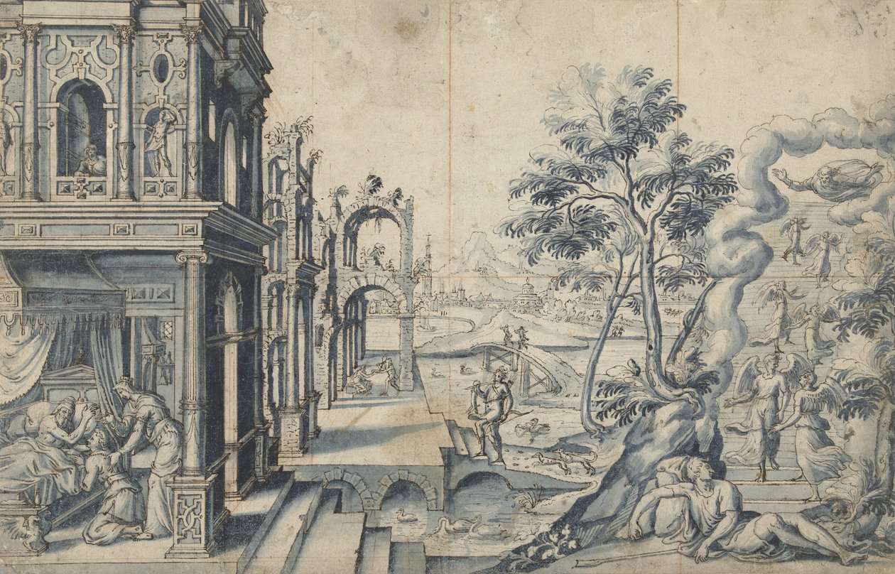 Yakup, İshak'ın kutsamasını alır; Yakup'un merdiveni by Cornelis Floris (II)