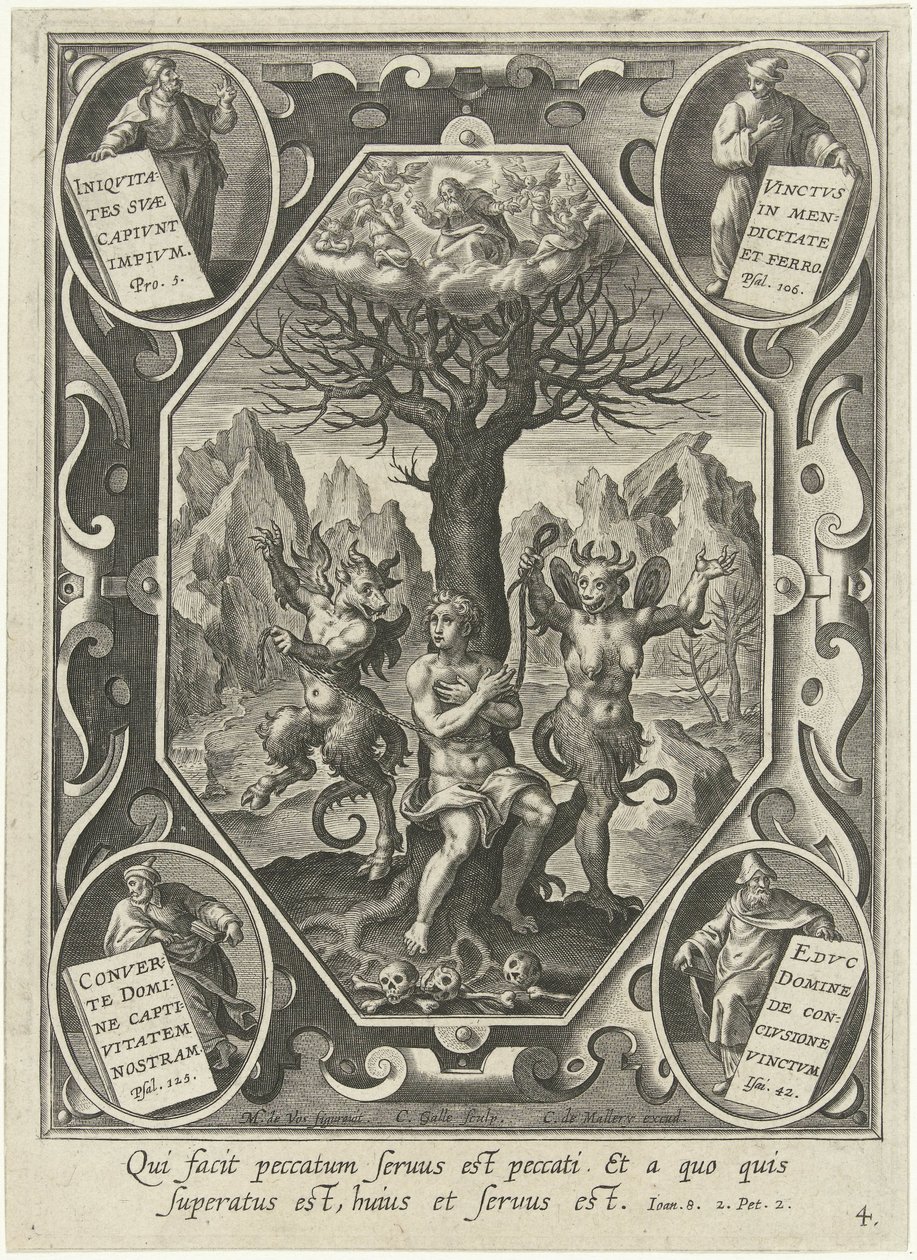 Genç bir adam iki şeytan tarafından bir ağaca zincirlenmiş by Cornelis Galle (I)