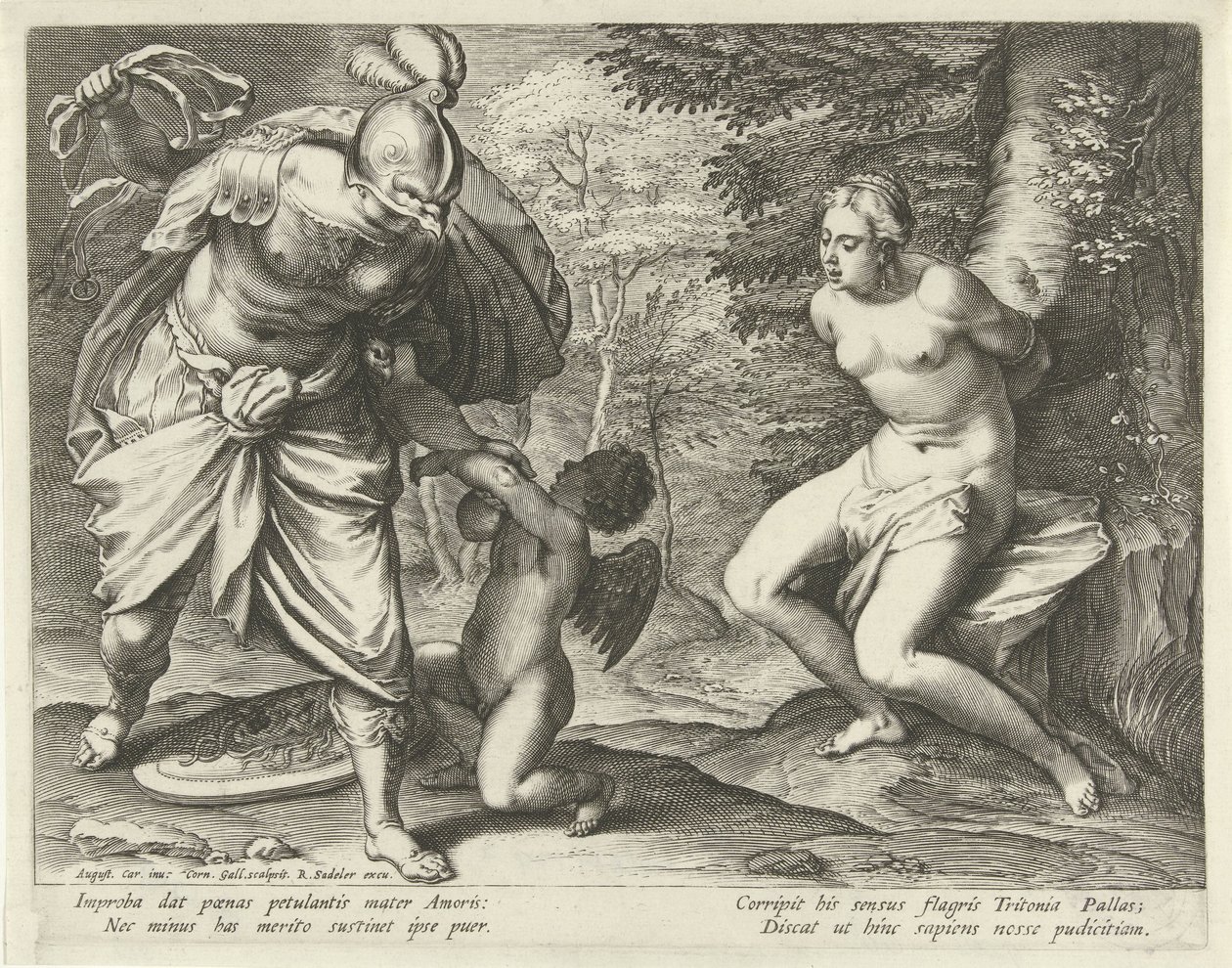 Venüs bir ağaca bağlı ve Amor Minerva tarafından cezalandırılıyor by Cornelis Galle (I)
