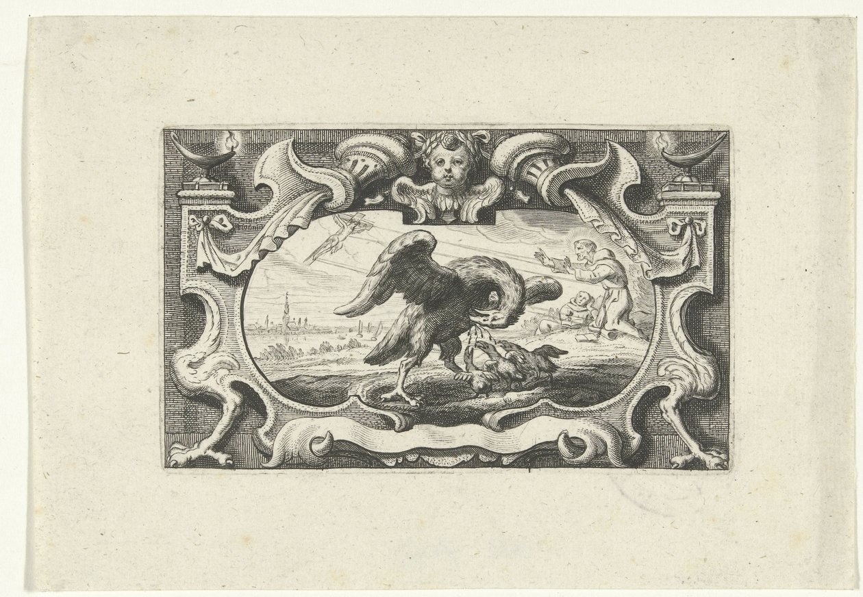 Kendi kanıyla yavrusunu besleyen pelikanlı vinyet by Cornelis Galle (II) (attributed to)