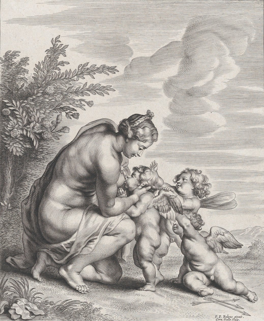 Venüs bir manzarada üç Aşk Tanrısı besliyor, yaklaşık. 1627-78. by Cornelis Galle II