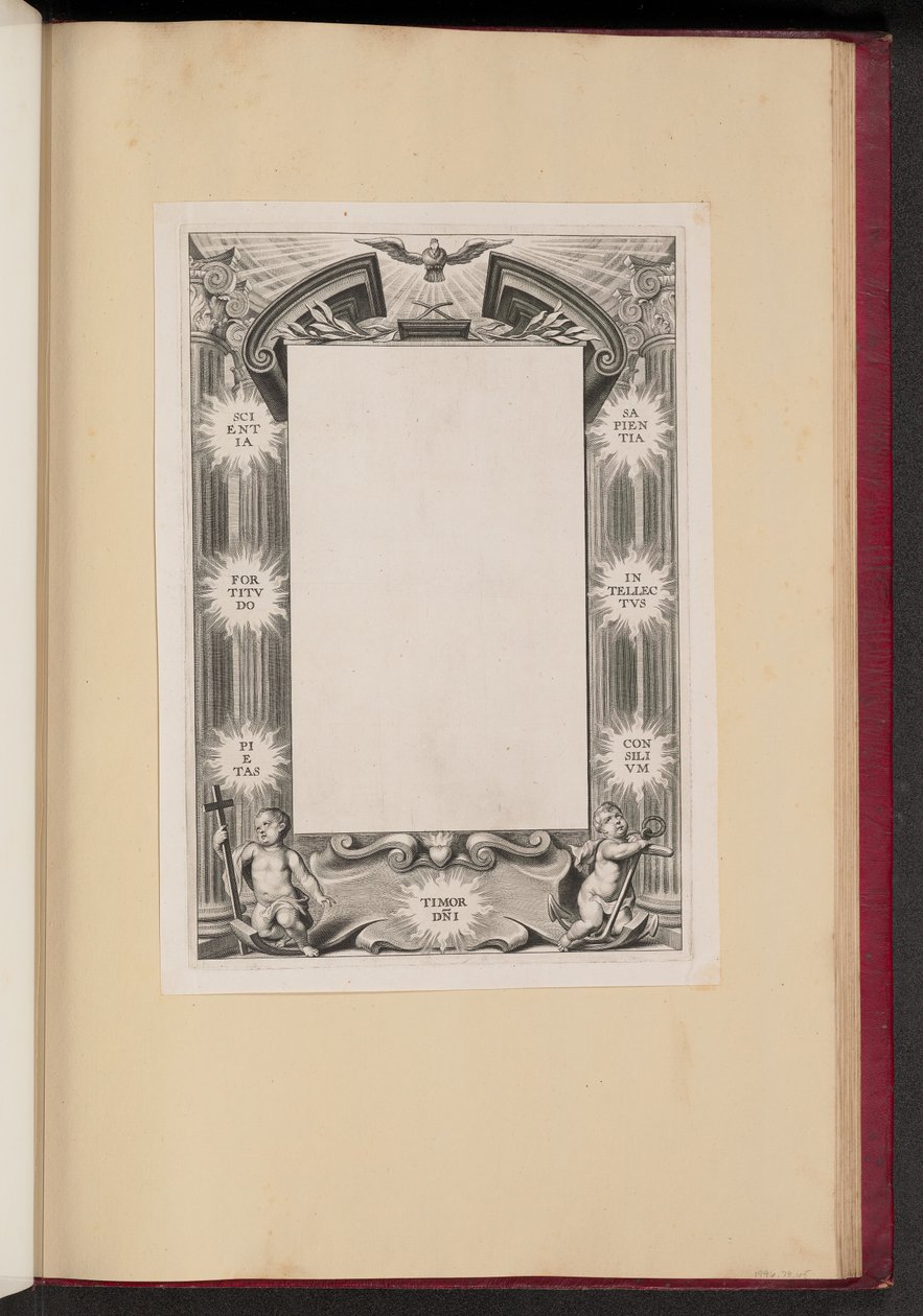 İki Putti ile Sınır İllüstrasyon "Bilim, Metanet, Dindarlık, Korku-DNI, Bilgelik, Akıl ve Strateji" by Cornelis Galle I