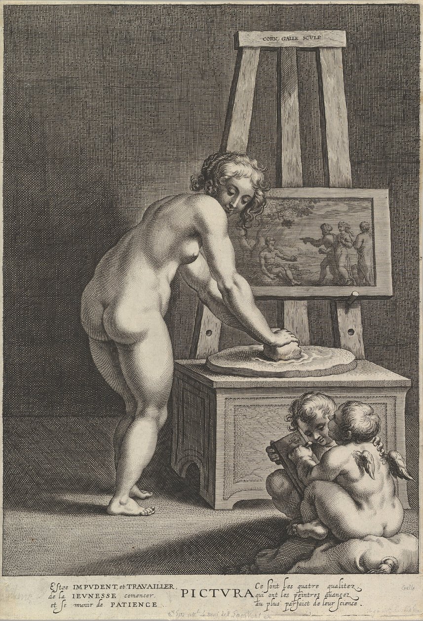 Pictura: merkezinde pigment öğüten çıplak bir kadınla resim alegorisi, iki s..., yakl. 1610-50. by Cornelis Galle I