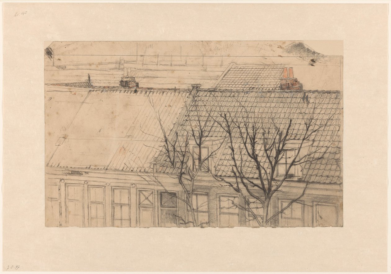 Konstantijn Huygensstraat üzerinden Pesthuis'e doğru Vondelkade (Overtoom) çatılarının görünümü by Cornelis Gerardus 