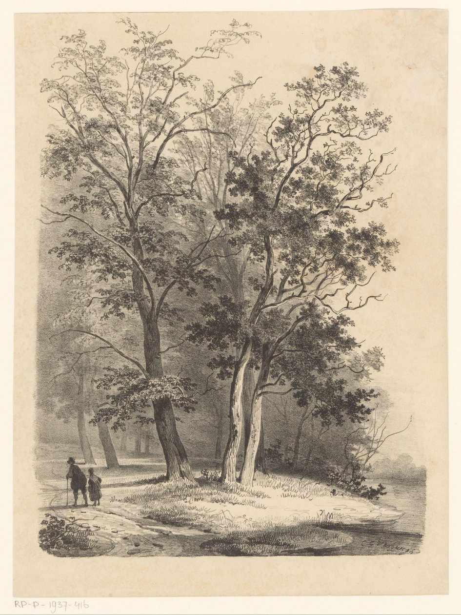 Bir ormanda yürüyen iki figür by Cornelis Gerrit Verburgh