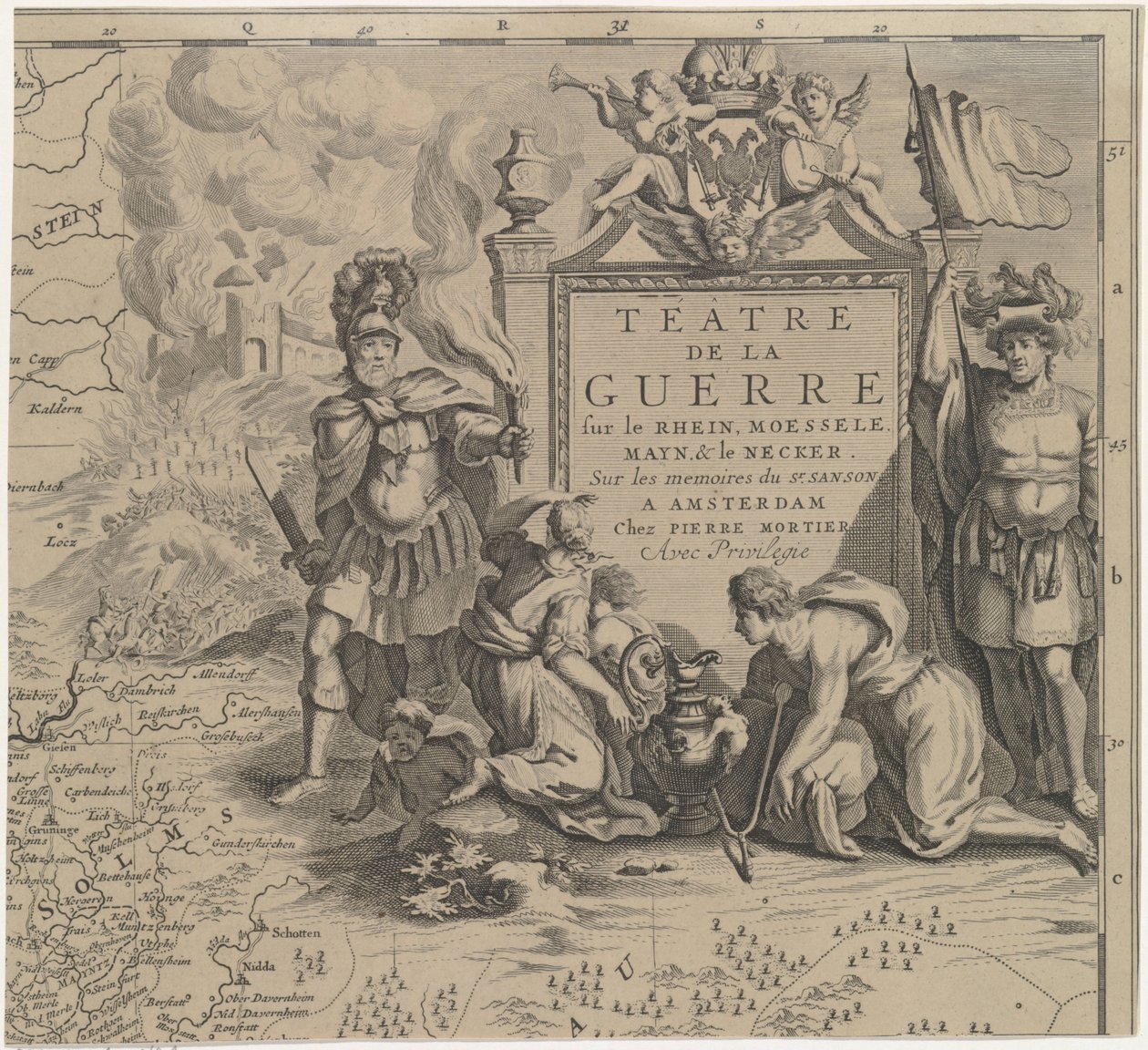 Almanya'da Marburg ve Frankfurt am Main arasındaki Solms bölgesinin haritası (sağ üstteki yaprak) Téâtre de la Guerre sur le Rhein, Moessele, Mayn & le Necker (nesnedeki başlık) by Cornelis Huyberts