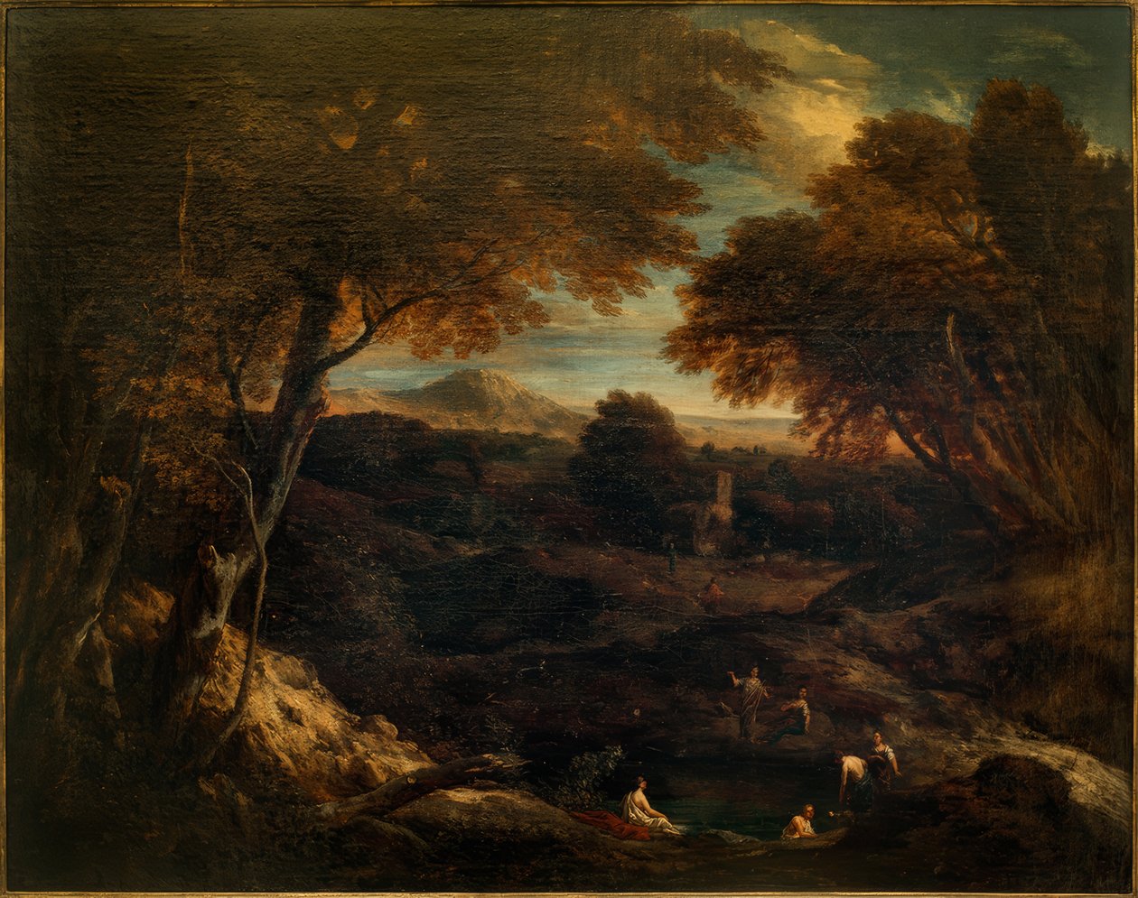 Ön planda banyo figürleri ile geniş klasik manzara by Cornelis Huysmans