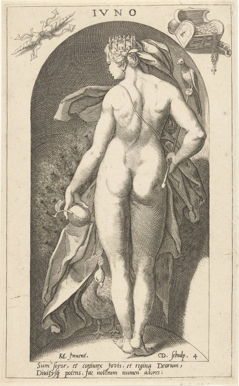 Tavus kuşu ile Juno Ivno (nesne üzerindeki başlık) Antik Tanrılar (seri başlığı) by Cornelis Jacobsz. Drebbel