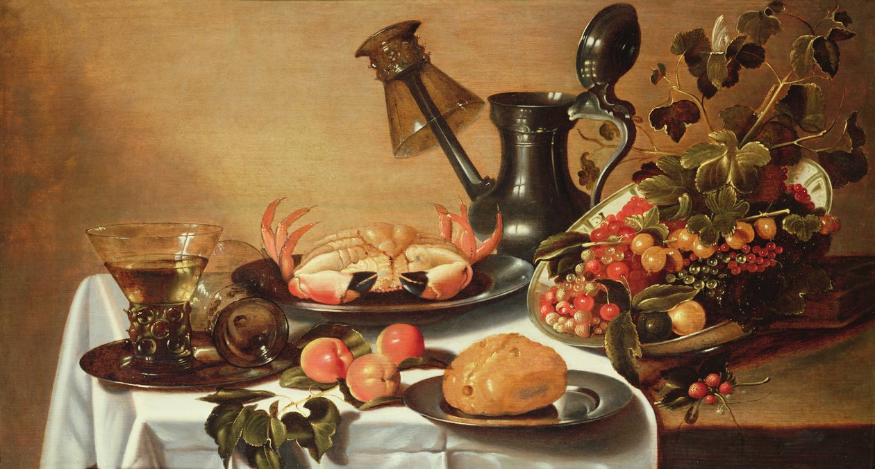 Yengeçli meyve natürmort, sürahinin ağzında devrilmiş roehmer by Cornelis Kruys