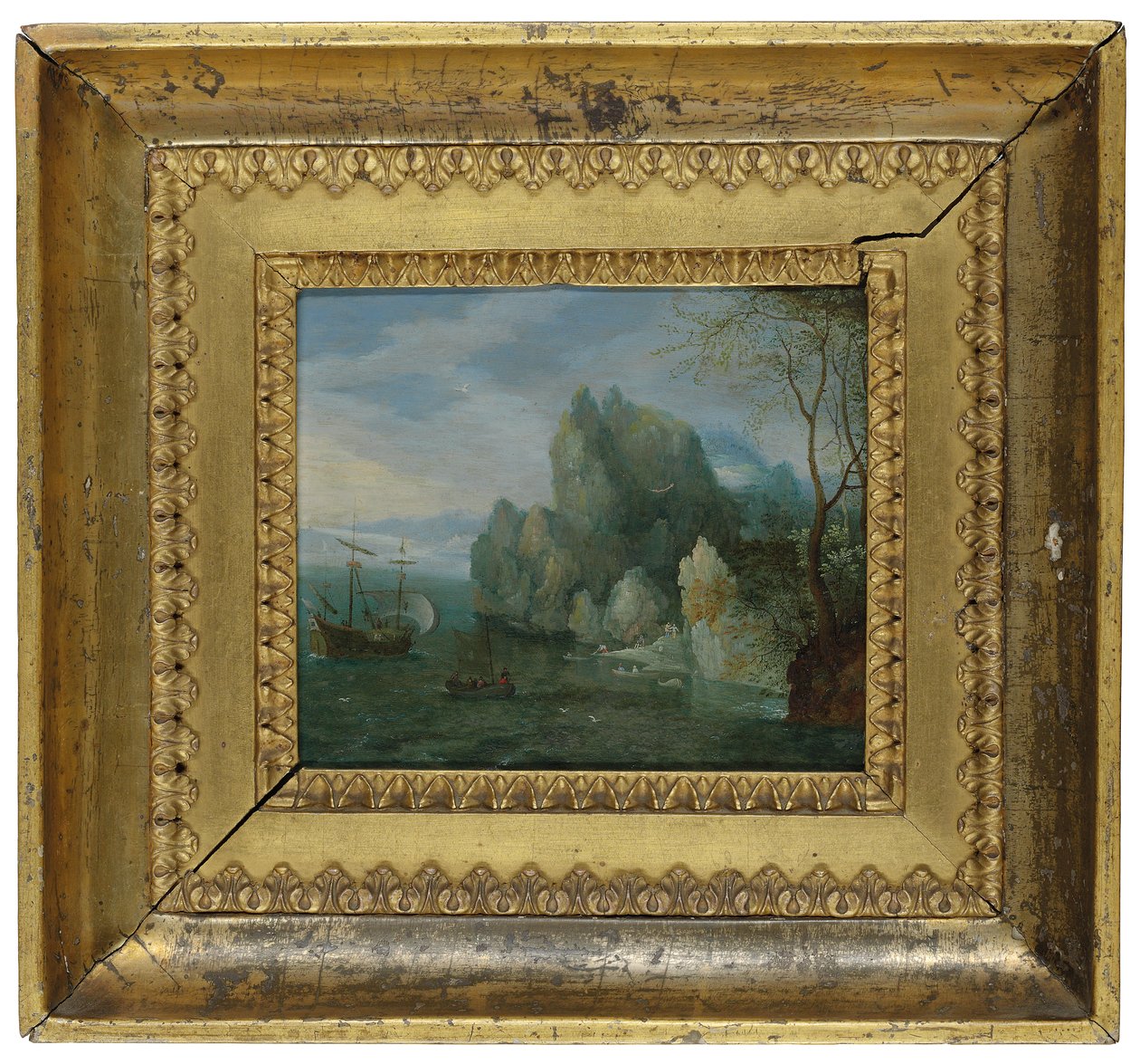 Kıyıda figürler ve demirli bir kadırga (bakır üzerine yağ) olan kayalık bir kıyı manzarası by Cornelis Liefrinck