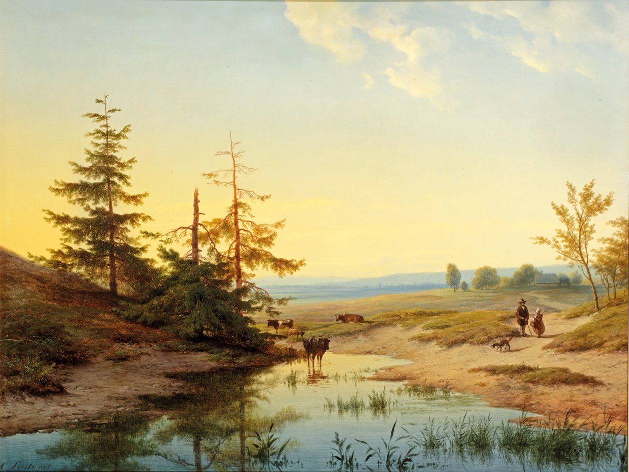 Bir gölet tarafından rakamlar ve sığırlar ile bir bozkır by Cornelis Lieste