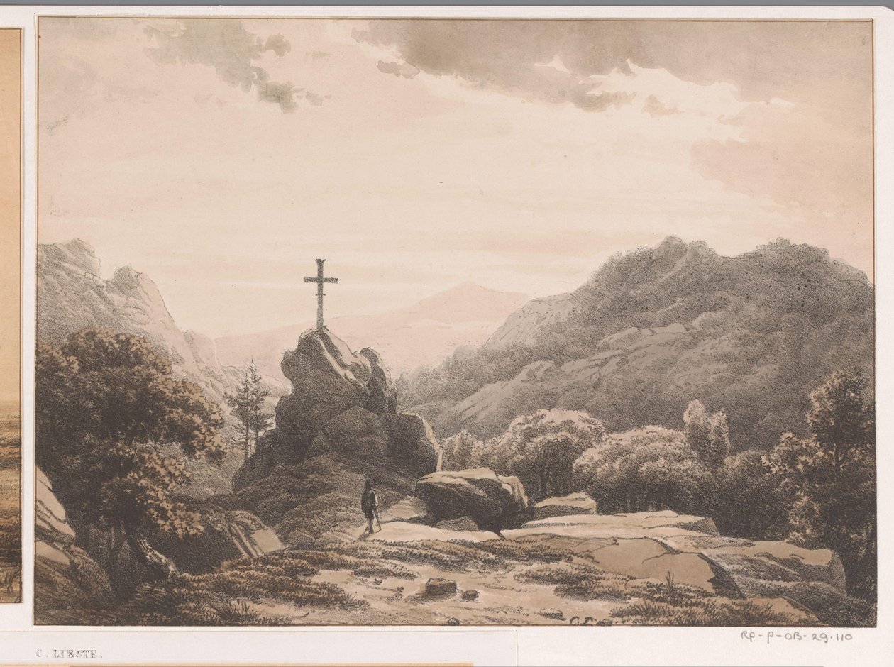 Bir kayanın üzerinde haç ile dağ manzarası by Cornelis Lieste