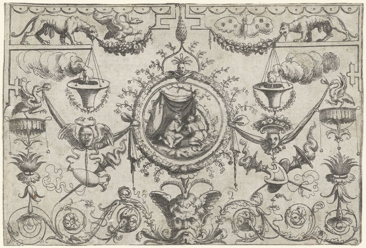 Bir bezin altında diz çökmüş üç figürlü süsleme by Cornelis Massijs (attributed to)