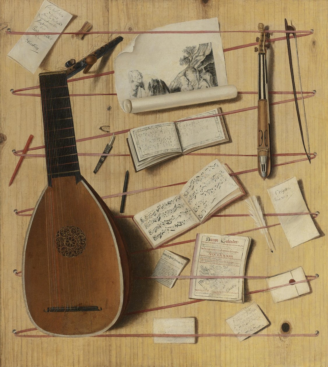Trompe loeil bir ud, rebec ve müzik sayfaları ile natürmort by Cornelis Norbertus Gijsbrechts