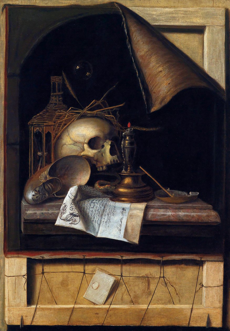 ""Nature morte a la vanite"" (Vanitas Natürmort) Tablo Cornelis Norbertus Gysbrechts veya Gijsbrechts (1630 - 1675) Tuval üzerine yağlı boya Dim 89x62 cm Özel Koleksiyon by Cornelis Norbertus Gysbrechts