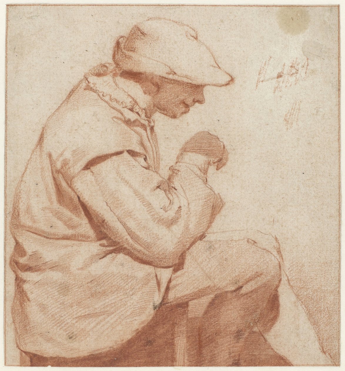 Oturan Adam Yumuşak Başlıklı, Sağda Profilde, Sağ Eli Kaldırılmış by Cornelis Pietersz. Bega (attributed to)