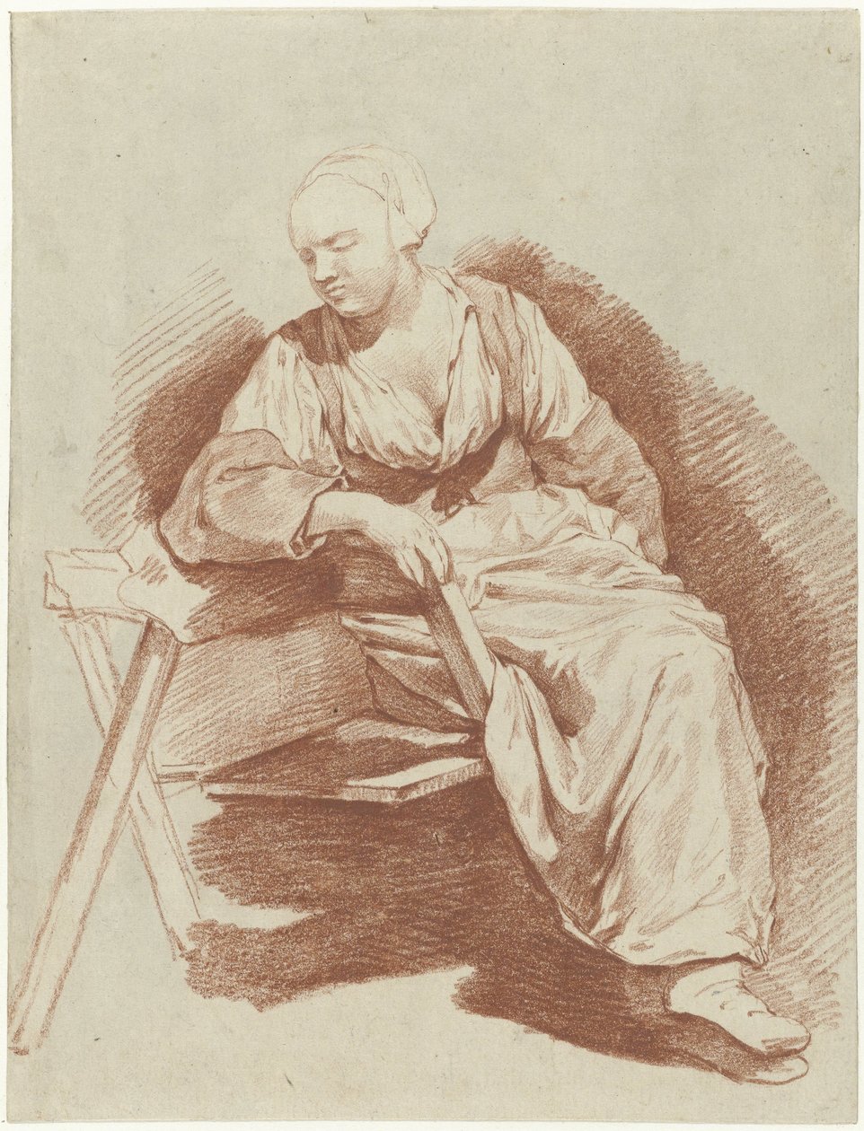 Oturan, Sağ Koluna Yaslanmış Bir Kadının İncelenmesi by Cornelis Pietersz. Bega