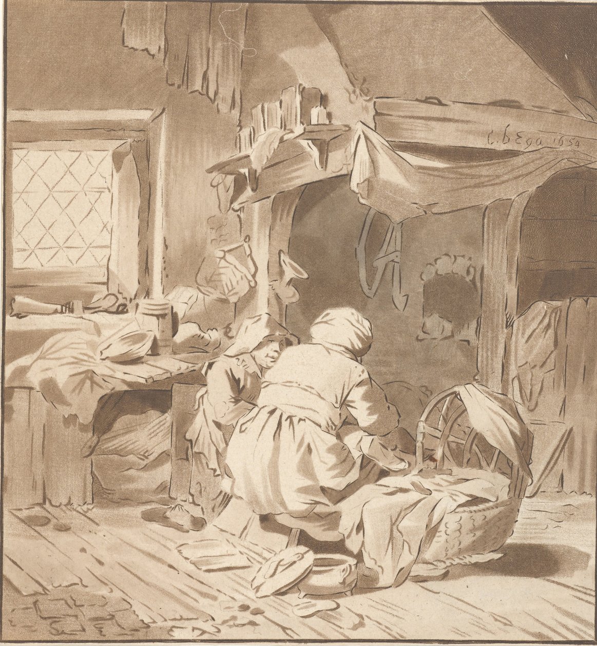 İki kadın ile çiftlik evi iç by Cornelis Ploos van Amstel (signed by artist)