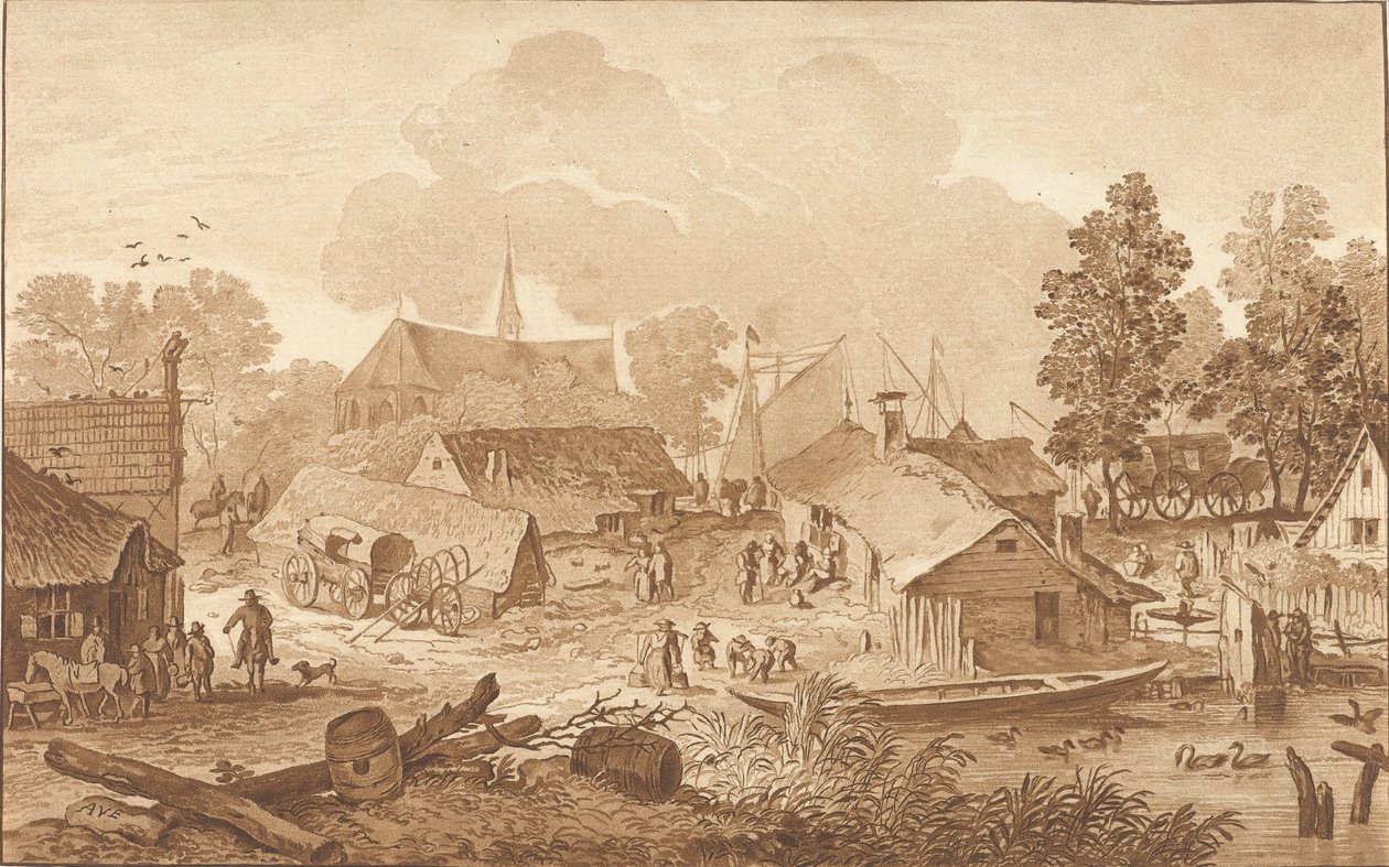 Gölet ile köy manzarası by Cornelis Ploos van Amstel (signed by artist)